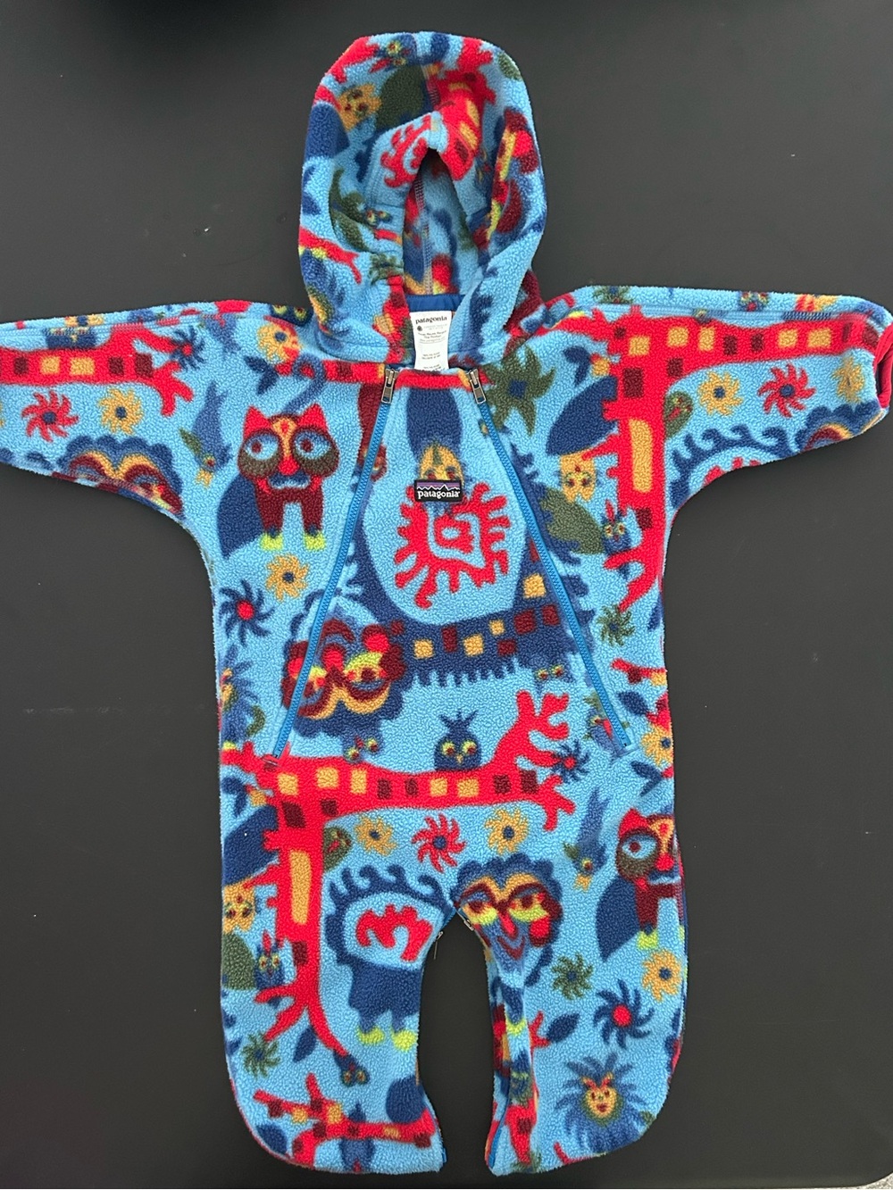 Patagonia baby Blue Fleece Hooded One-Piece with Multicolor Animal Print- rare